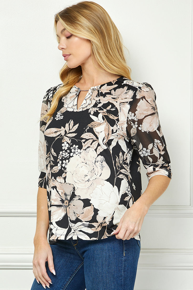 Dressbarn Recommended | Elbow Sleeve Cutout Neck Mix Media Blouse - Black