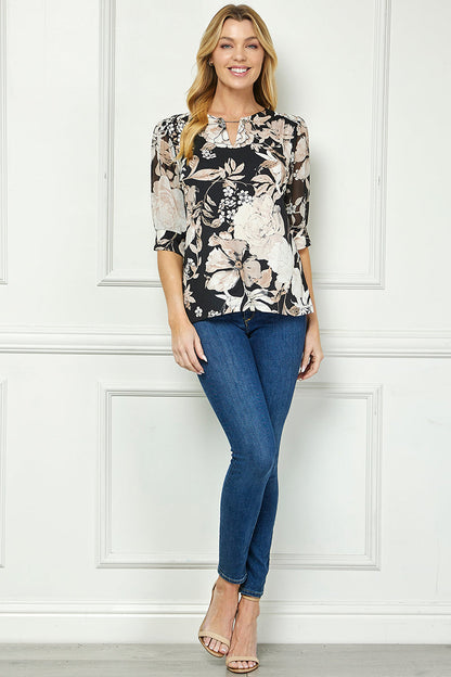 Dressbarn Recommended | Elbow Sleeve Cutout Neck Mix Media Blouse - Black
