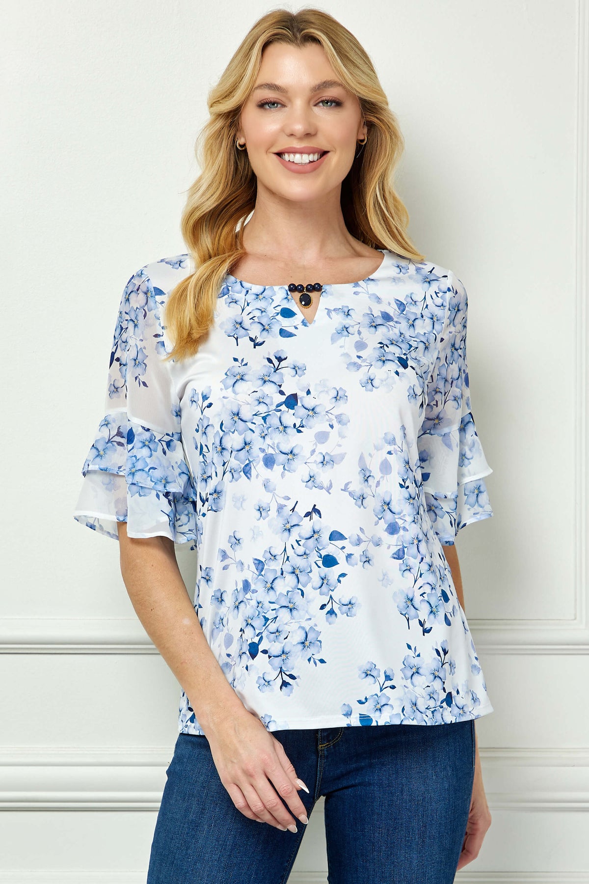 Dressbarn Premium | Double Ruffle Sleeve Cutout Neck Blouse in Ivory/Denim
