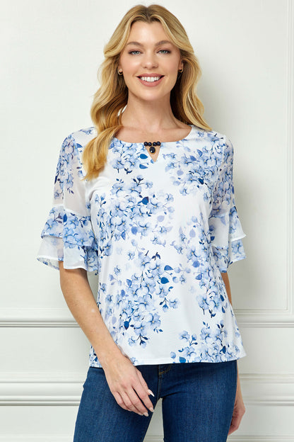 Dressbarn Premium | Double Ruffle Sleeve Cutout Neck Blouse in Ivory/Denim