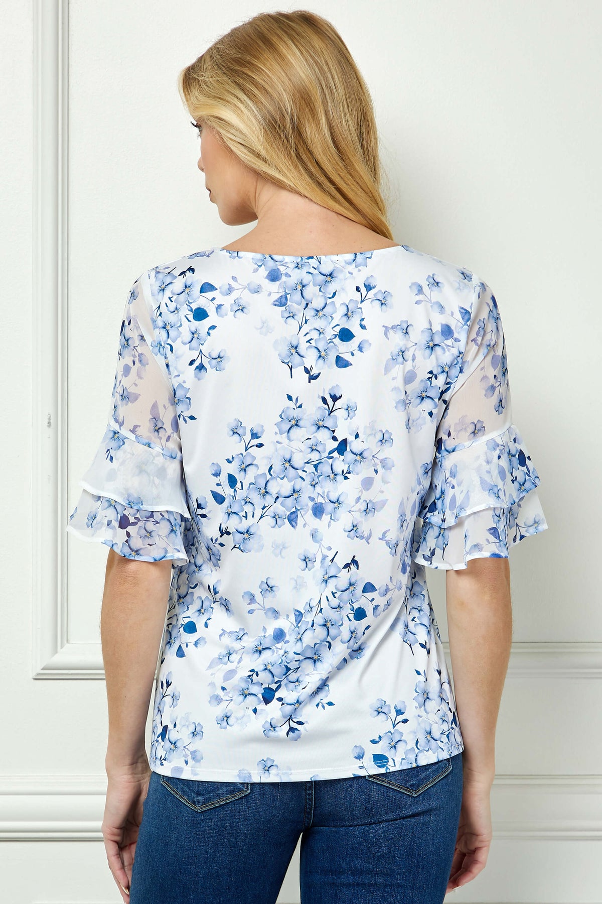 Dressbarn Premium | Double Ruffle Sleeve Cutout Neck Blouse in Ivory/Denim