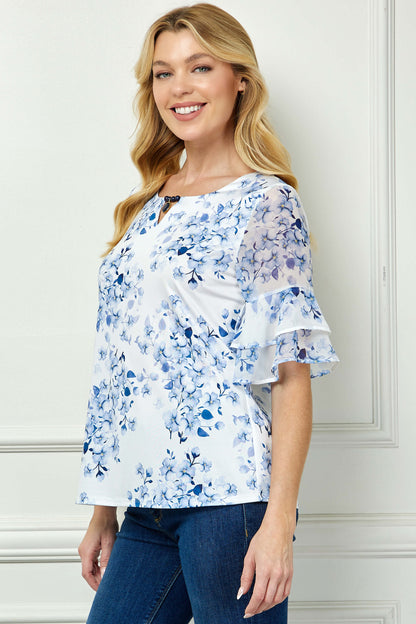 Dressbarn Premium | Double Ruffle Sleeve Cutout Neck Blouse in Ivory/Denim