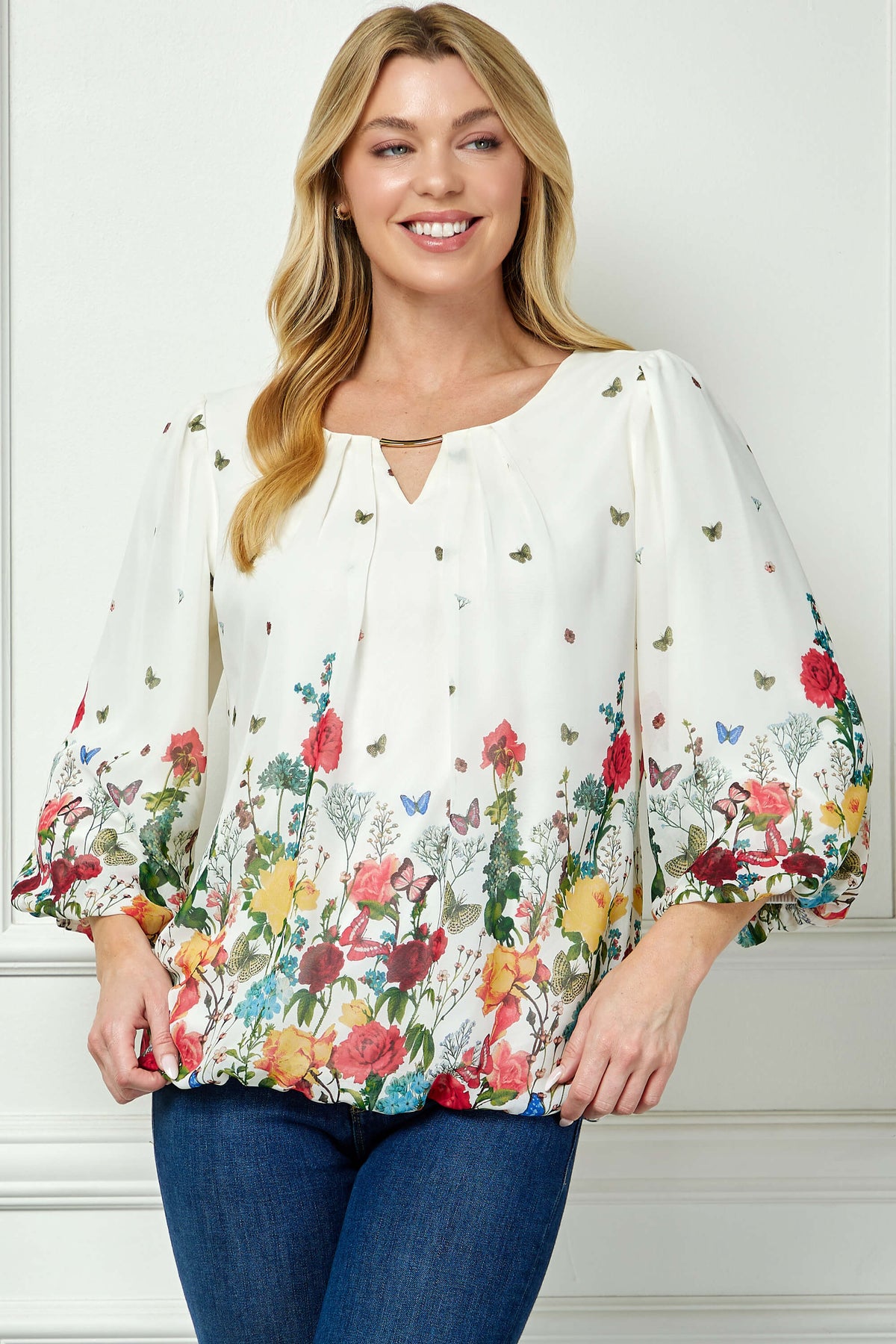 Dressbarn New | 3/4 Puff Sleeve Cutout Neck Border Print Bubble Blouse