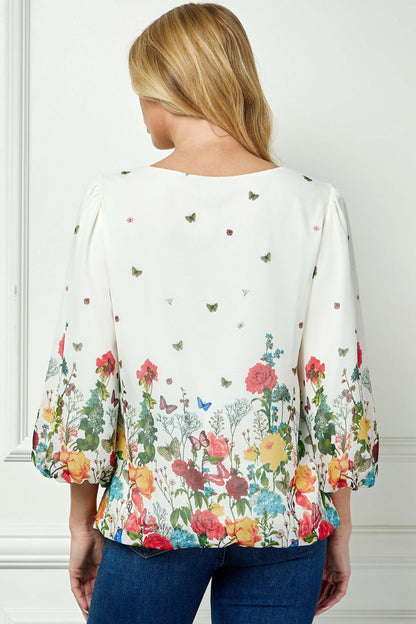 Dressbarn New | 3/4 Puff Sleeve Cutout Neck Border Print Bubble Blouse