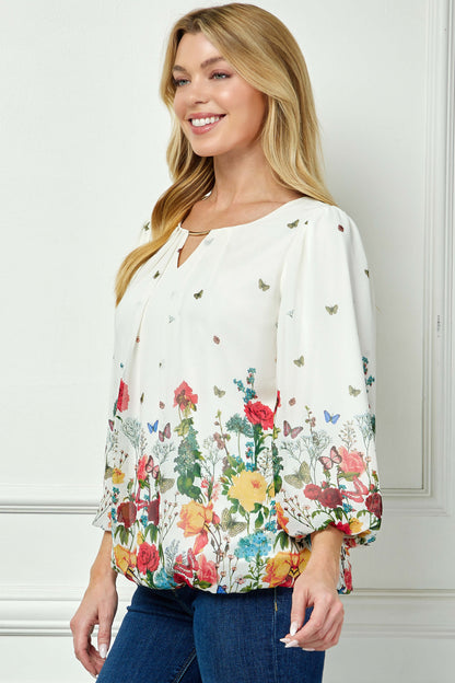 Dressbarn New | 3/4 Puff Sleeve Cutout Neck Border Print Bubble Blouse