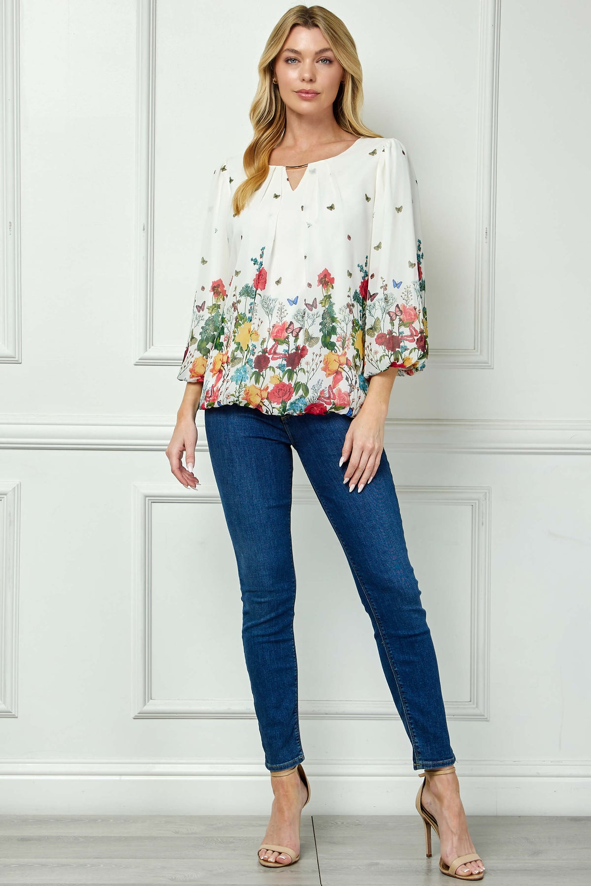 Dressbarn New | 3/4 Puff Sleeve Cutout Neck Border Print Bubble Blouse