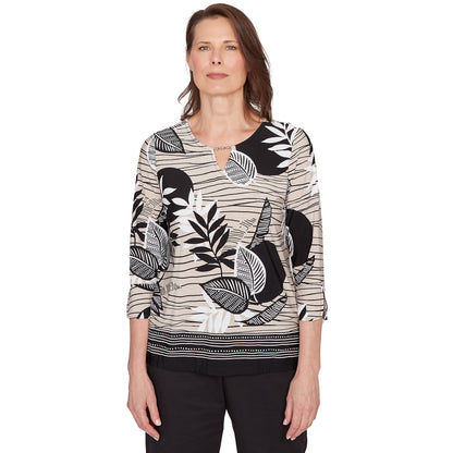 Dressbarn Trending | Alfred Dunner Tropical Leaf Border Print Split Neck Top