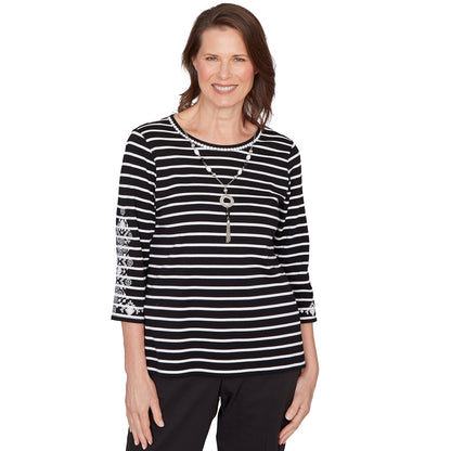 Dressbarn Best Seller | Alfred Dunner Pinstripe Embroidered Sleeve Top with Necklace