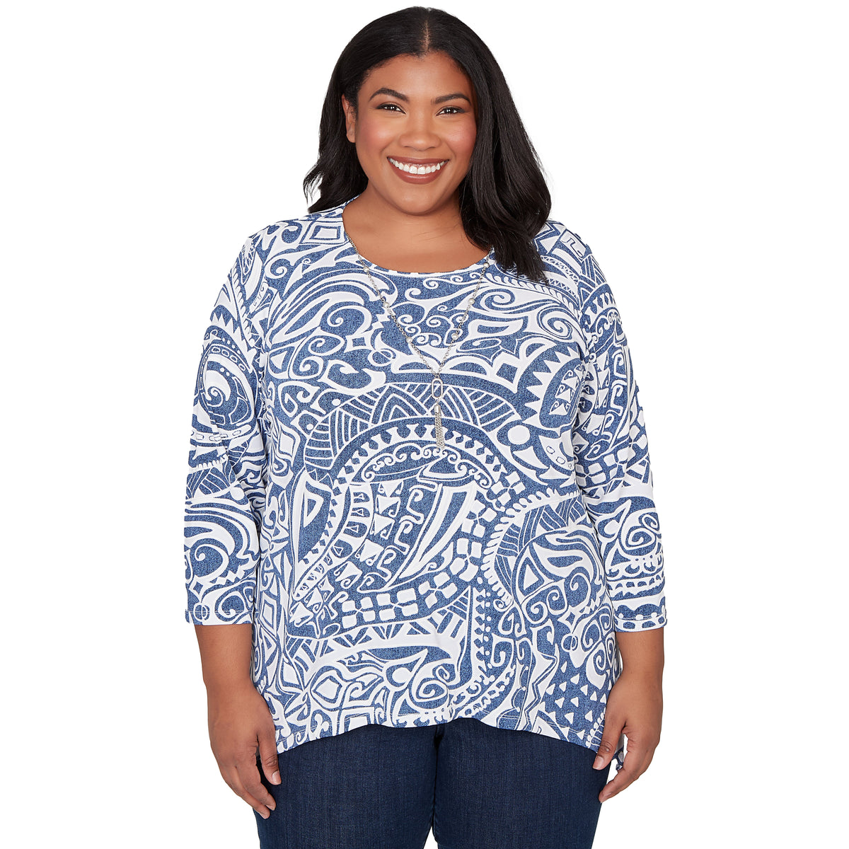 Dressbarn Premium | Alfred Dunner Paisley Swirl Sharkbite Hem Top with Necklace, Plus