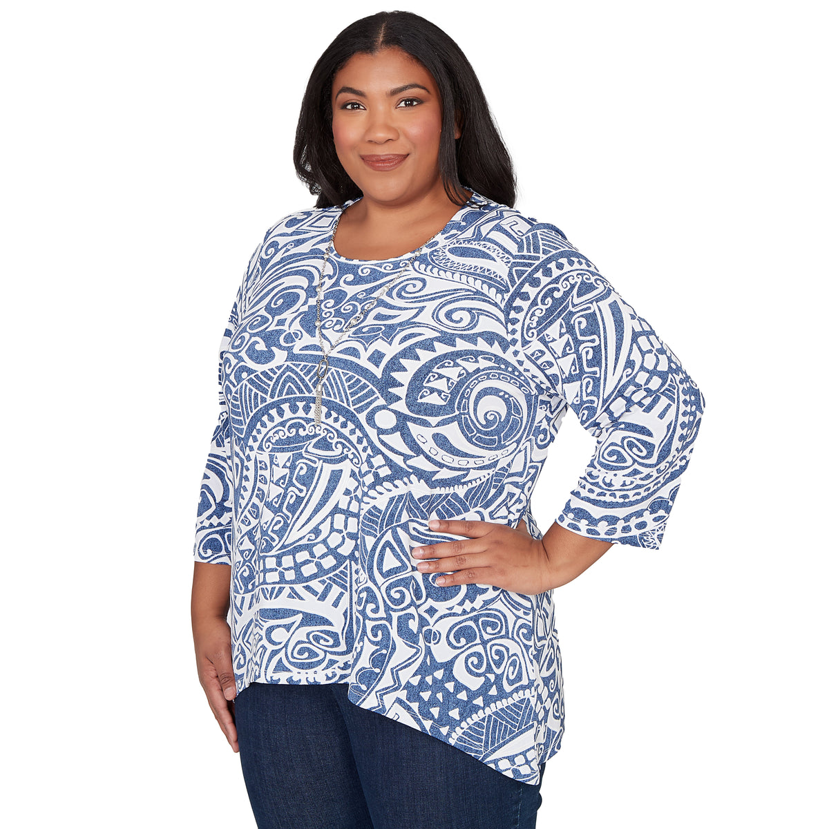 Dressbarn Premium | Alfred Dunner Paisley Swirl Sharkbite Hem Top with Necklace, Plus