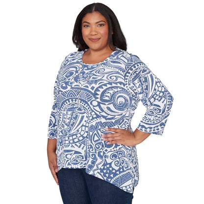 Dressbarn Premium | Alfred Dunner Paisley Swirl Sharkbite Hem Top with Necklace, Plus