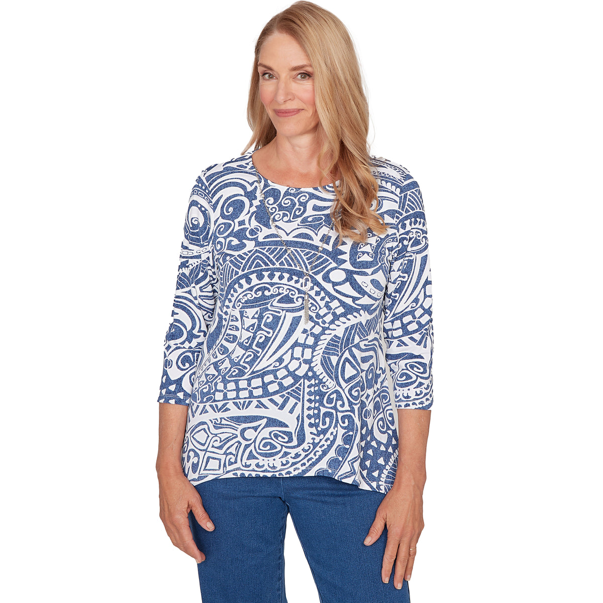 Dressbarn New | Alfred Dunner Paisley Swirl Sharkbite Hem Top with Necklace