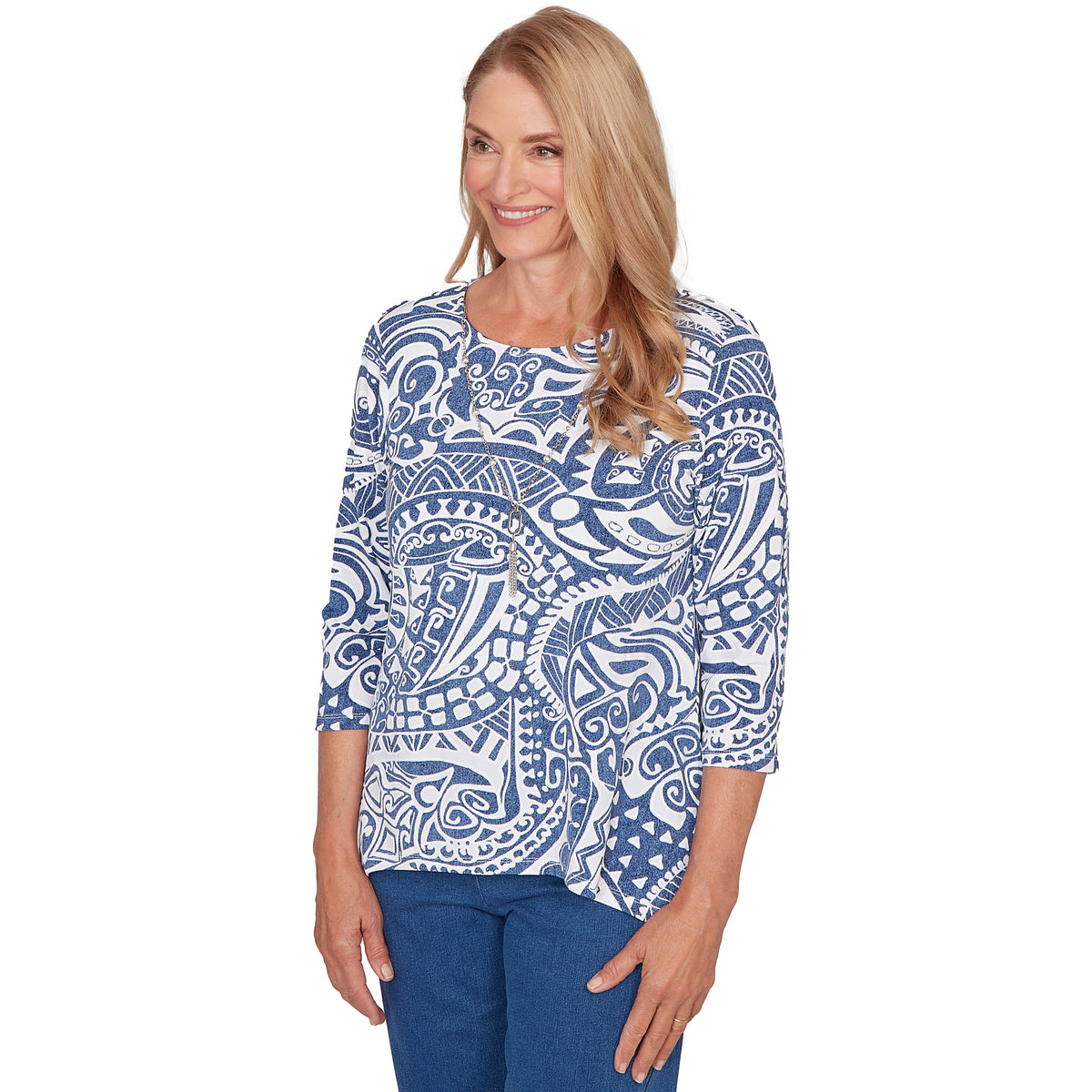 Dressbarn New | Alfred Dunner Paisley Swirl Sharkbite Hem Top with Necklace