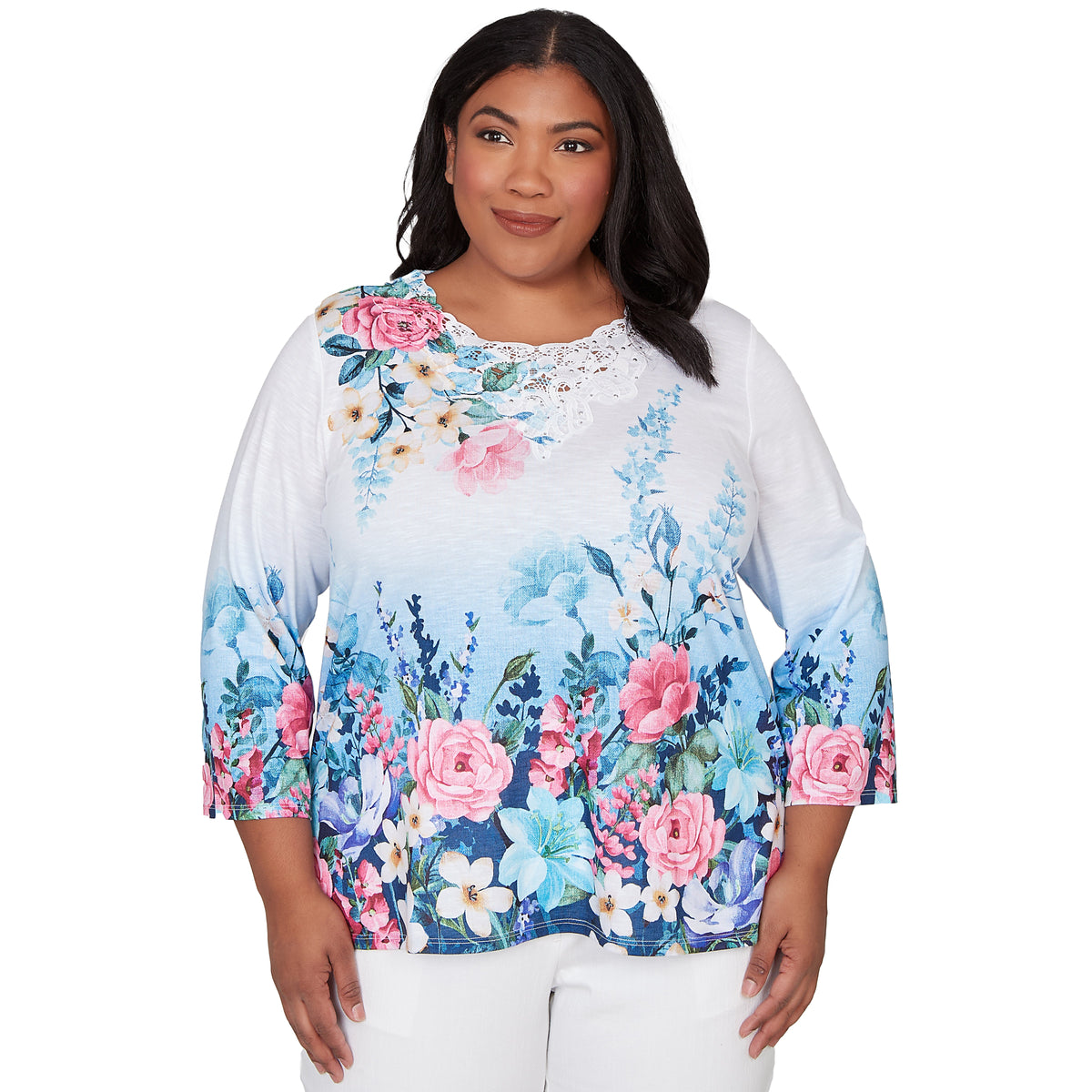 Dressbarn Popular | Alfred Dunner Ombre Border Floral Lace Top, Plus