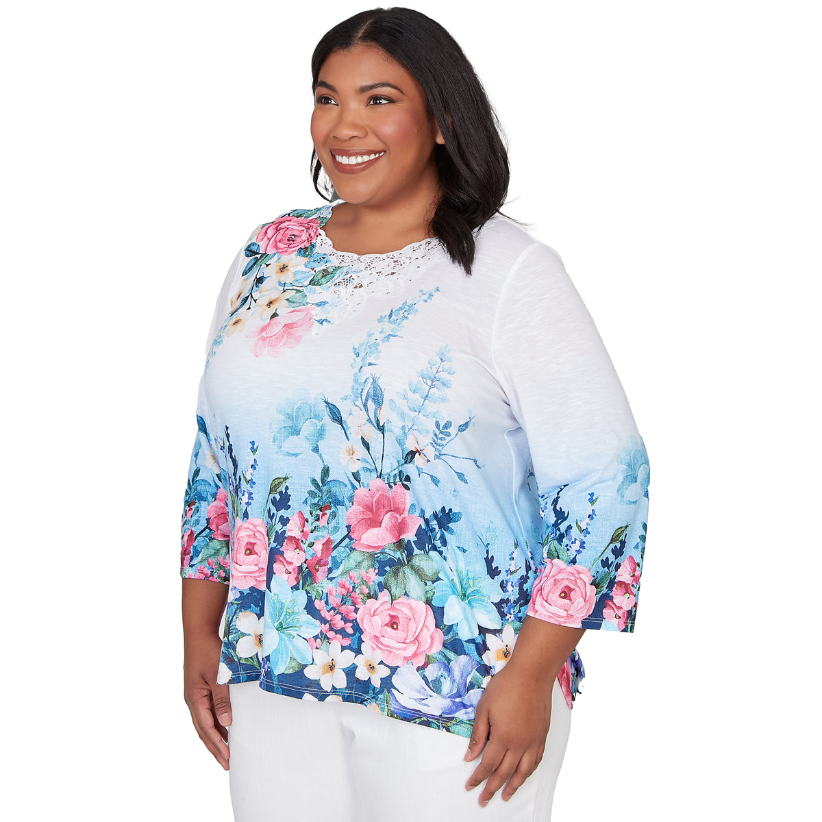 Dressbarn Popular | Alfred Dunner Ombre Border Floral Lace Top, Plus