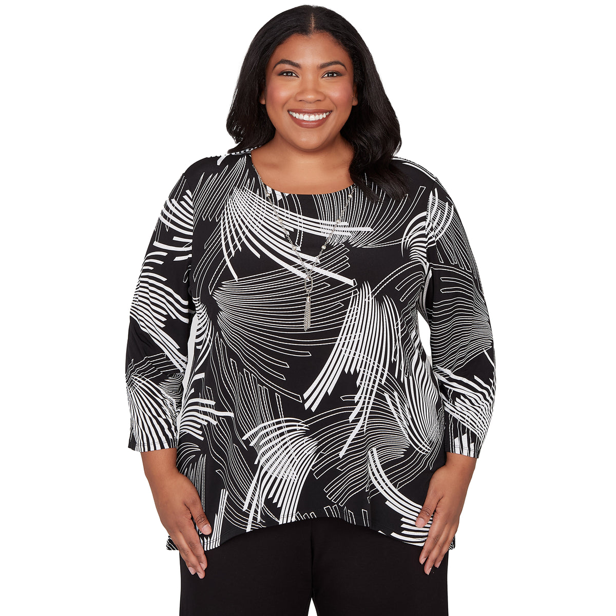 Dressbarn Recommended | Alfred Dunner Geometric Sharkbite Hem Top with Necklace, Plus