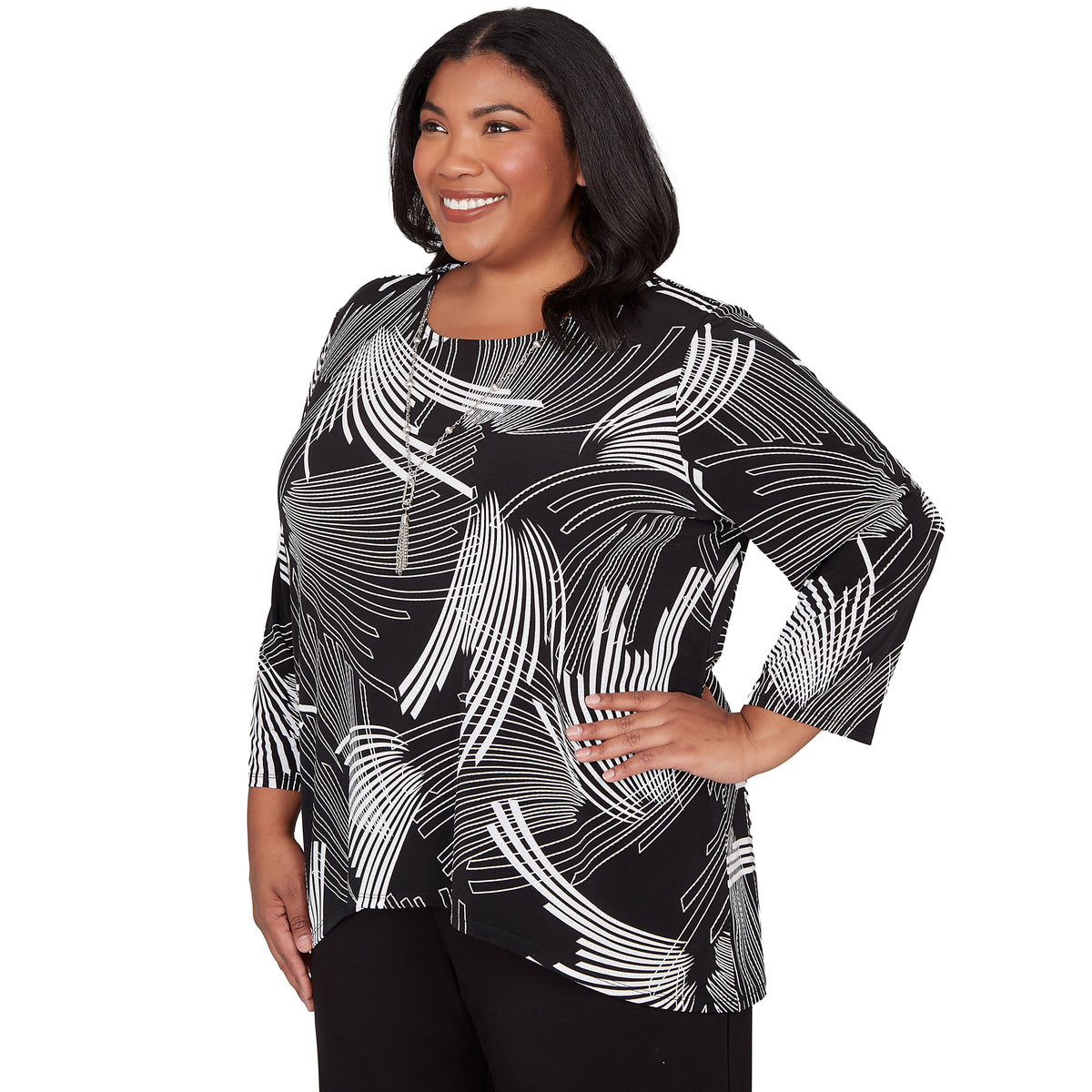 Dressbarn Recommended | Alfred Dunner Geometric Sharkbite Hem Top with Necklace, Plus