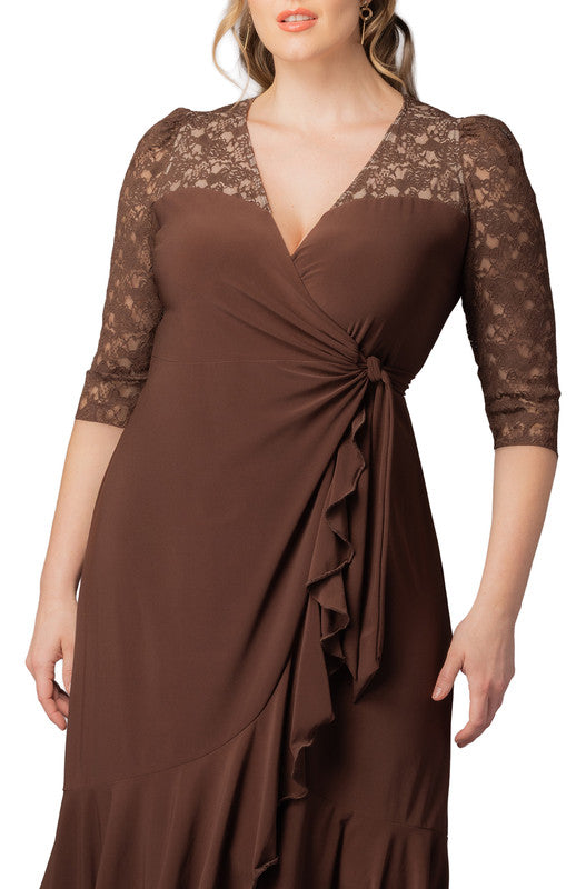 Dressbarn Premium | Lavish Lace Wrap Dress  -Chocolate -  Plus