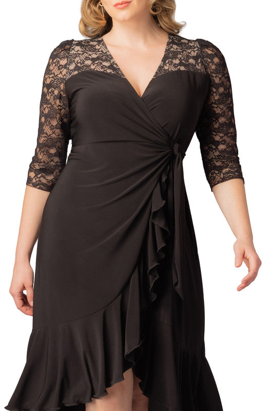 Dressbarn New | Lavish Lace Wrap Dress  -Black Noir -  Plus