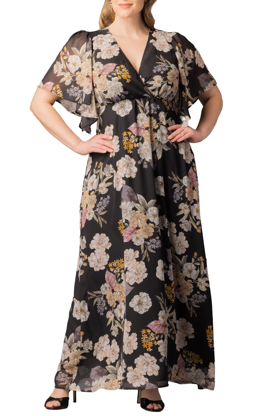 Dressbarn Best Seller | Carmella Flutter Sleeve Gown  -Midnight Peony Print -  Plus