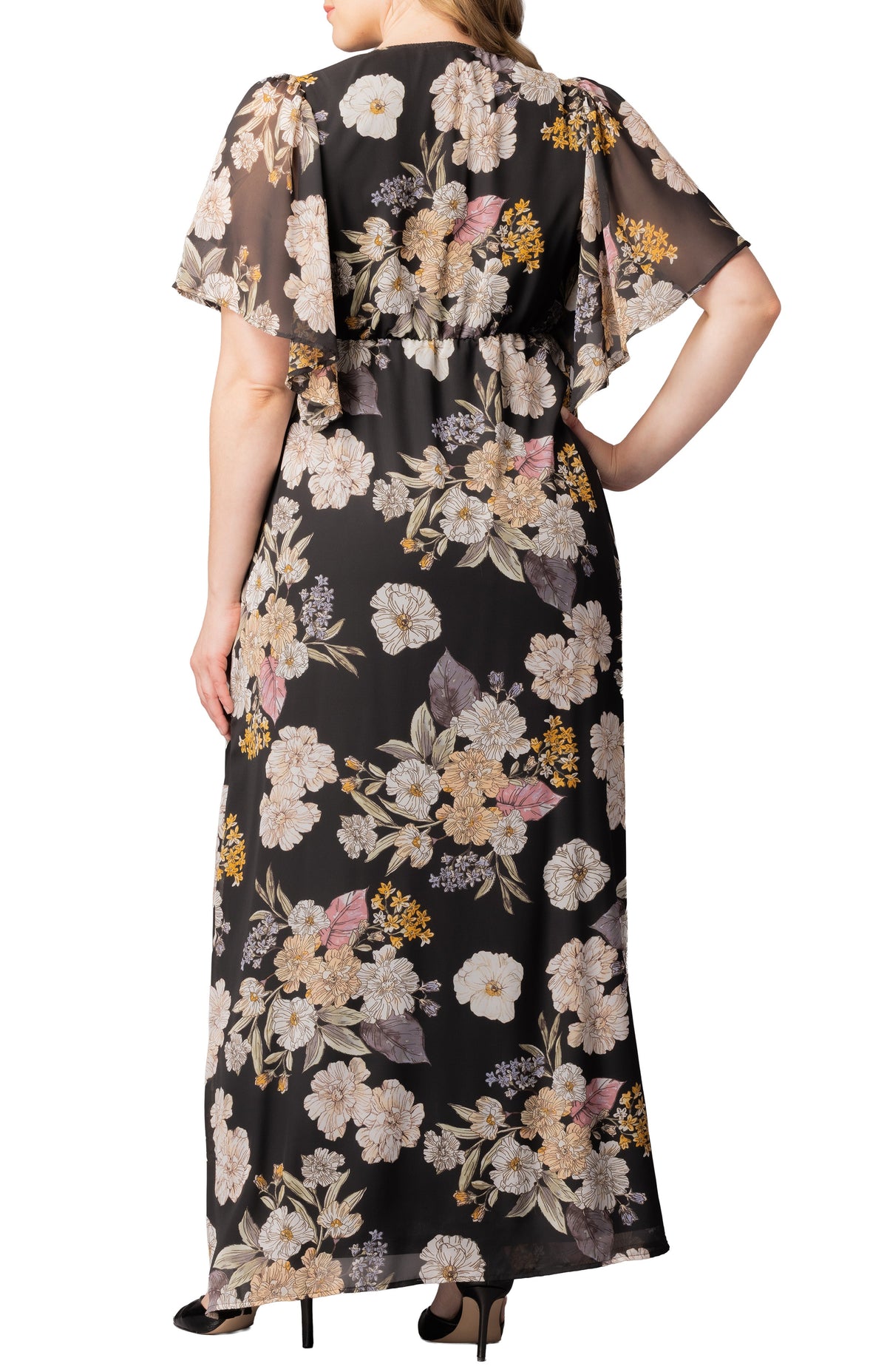 Dressbarn Best Seller | Carmella Flutter Sleeve Gown  -Midnight Peony Print -  Plus