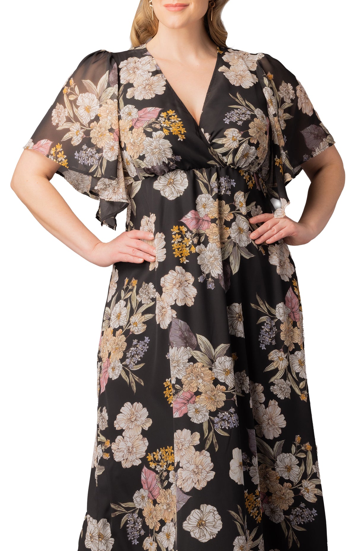 Dressbarn Best Seller | Carmella Flutter Sleeve Gown  -Midnight Peony Print -  Plus