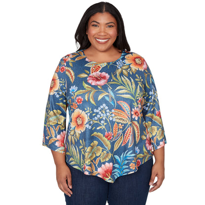 Dressbarn Trending | Alfred Dunner Floral Print Pointed Hem Top with Necklace, Plus