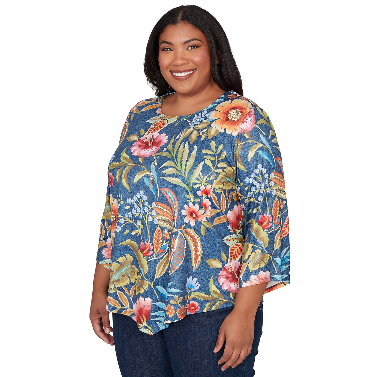 Dressbarn Trending | Alfred Dunner Floral Print Pointed Hem Top with Necklace, Plus