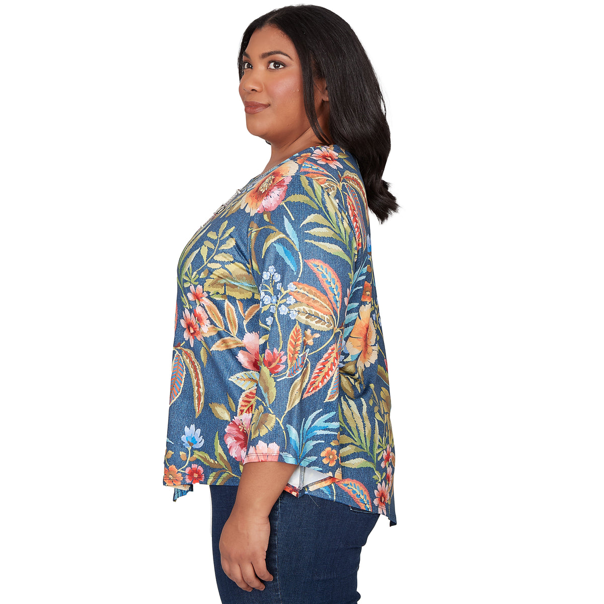 Dressbarn Trending | Alfred Dunner Floral Print Pointed Hem Top with Necklace, Plus