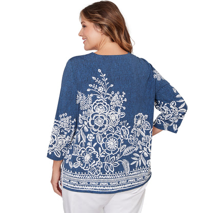 Dressbarn Premium | Alfred Dunner Floral Border Embroidered Split Neck Top, Plus