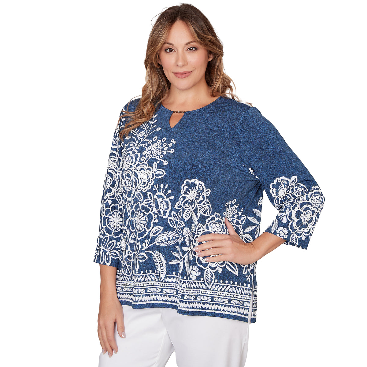 Dressbarn Premium | Alfred Dunner Floral Border Embroidered Split Neck Top, Plus