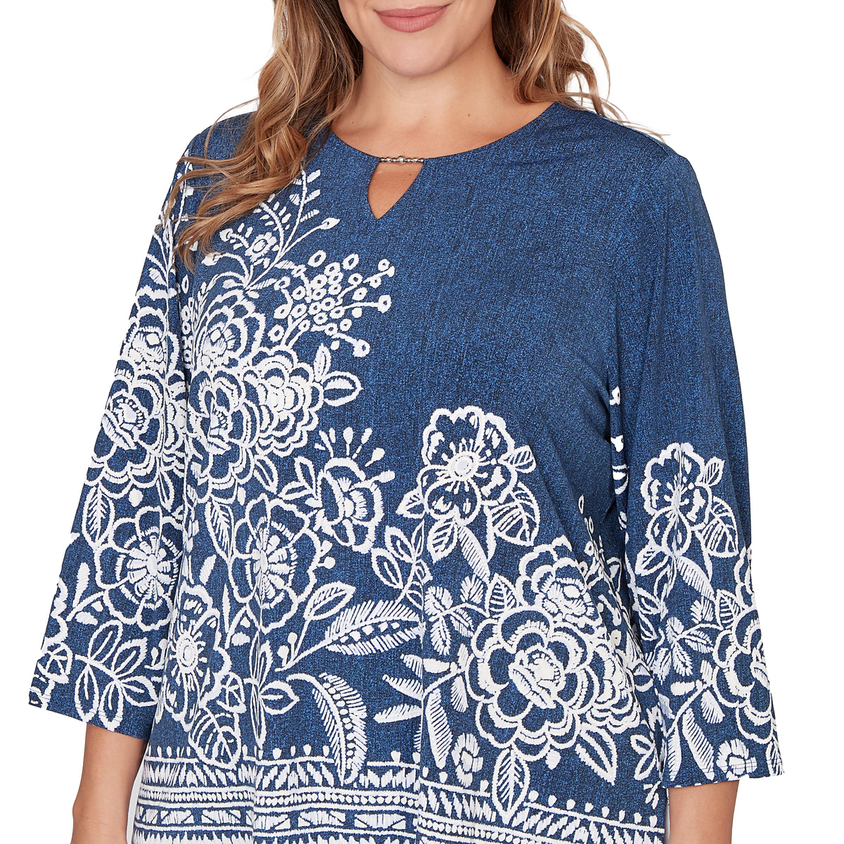 Dressbarn Premium | Alfred Dunner Floral Border Embroidered Split Neck Top, Plus