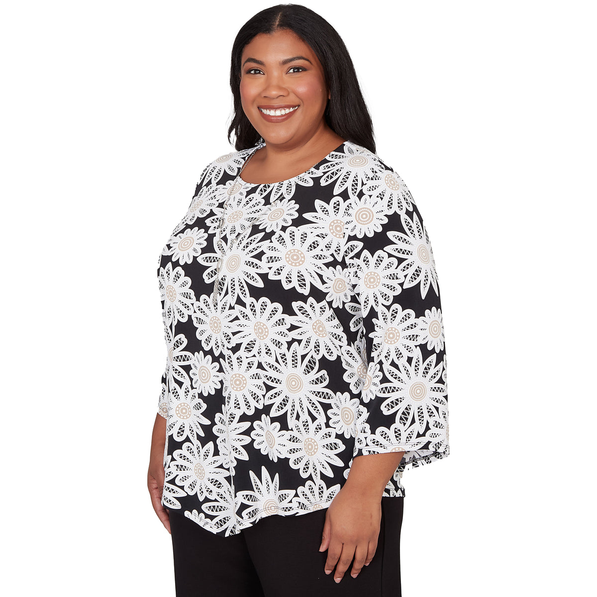 Dressbarn New | Alfred Dunner Daisy Pointed Hem Top with Necklace, Plus