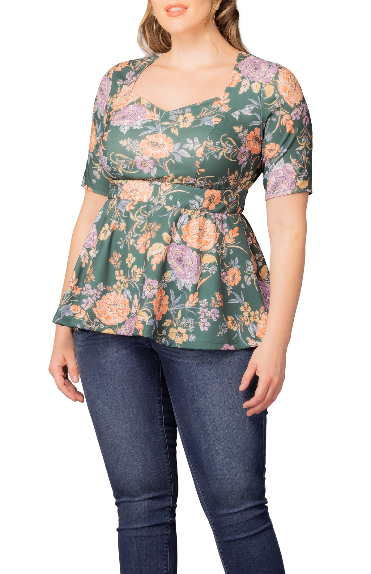 Dressbarn Best Seller | Posh Peplum Top  - Green Garden -  Plus