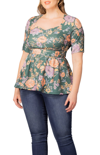 Dressbarn Best Seller | Posh Peplum Top  - Green Garden -  Plus
