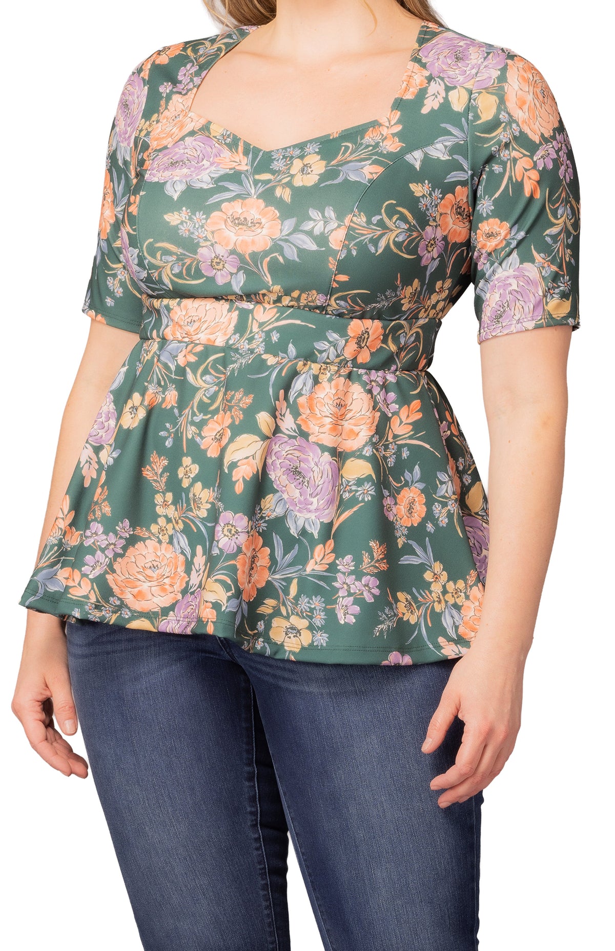 Dressbarn Best Seller | Posh Peplum Top  - Green Garden -  Plus