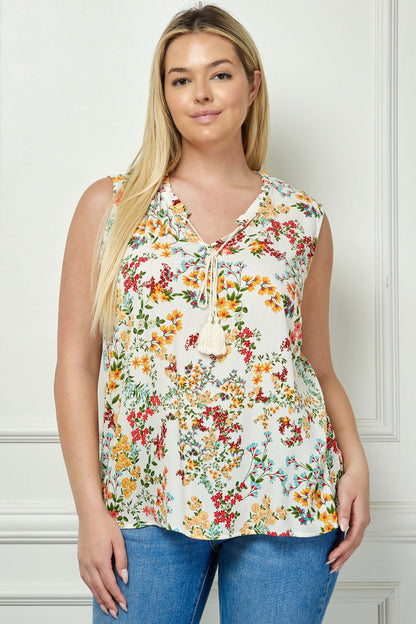 Dressbarn New | Sleeveless Ruffle Neck Tassel Blouse in Ivory - Plus