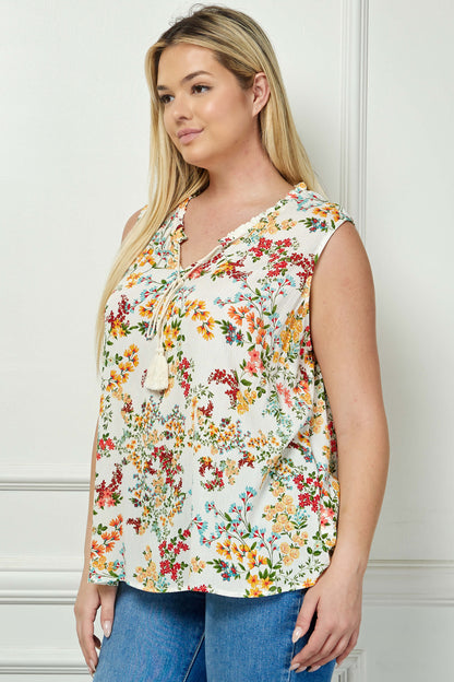 Dressbarn New | Sleeveless Ruffle Neck Tassel Blouse in Ivory - Plus