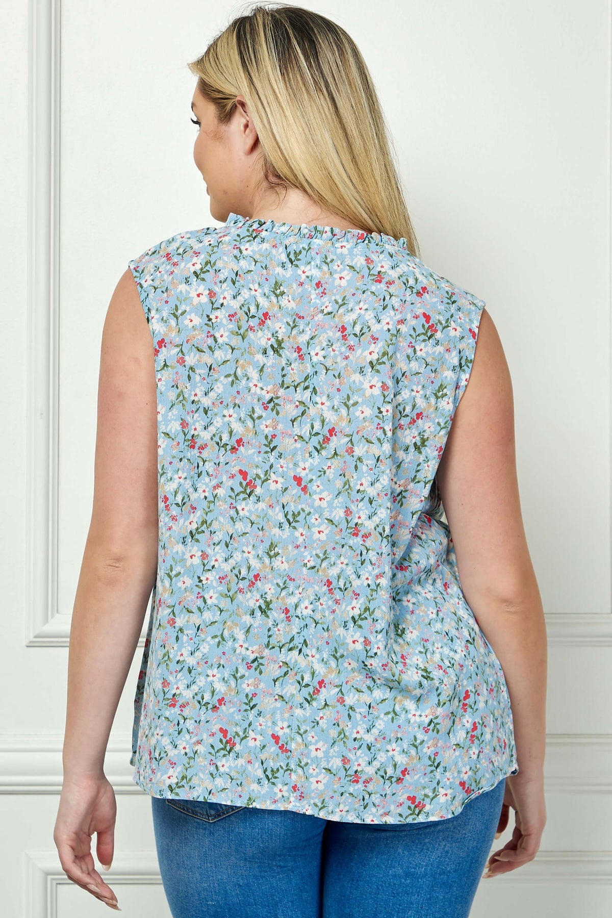 Dressbarn Featured | Sleeveless Ruffle Neck Tassel Blouse in Blue - Plus