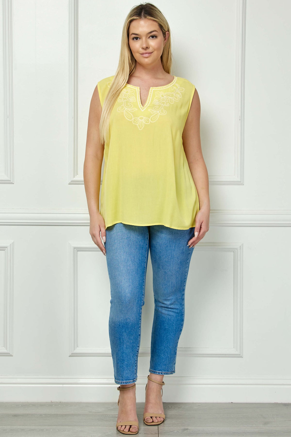 Dressbarn Popular | Sleeveless Embroidered Yoke Split Neck Blouse in Yellow - Plus