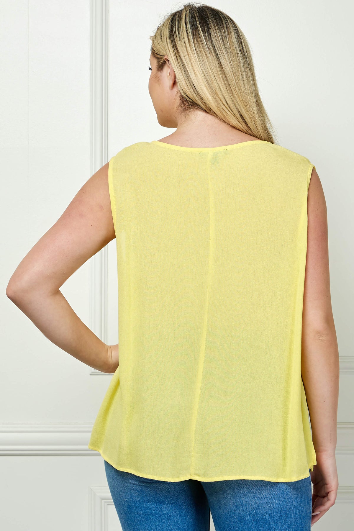 Dressbarn Popular | Sleeveless Embroidered Yoke Split Neck Blouse in Yellow - Plus