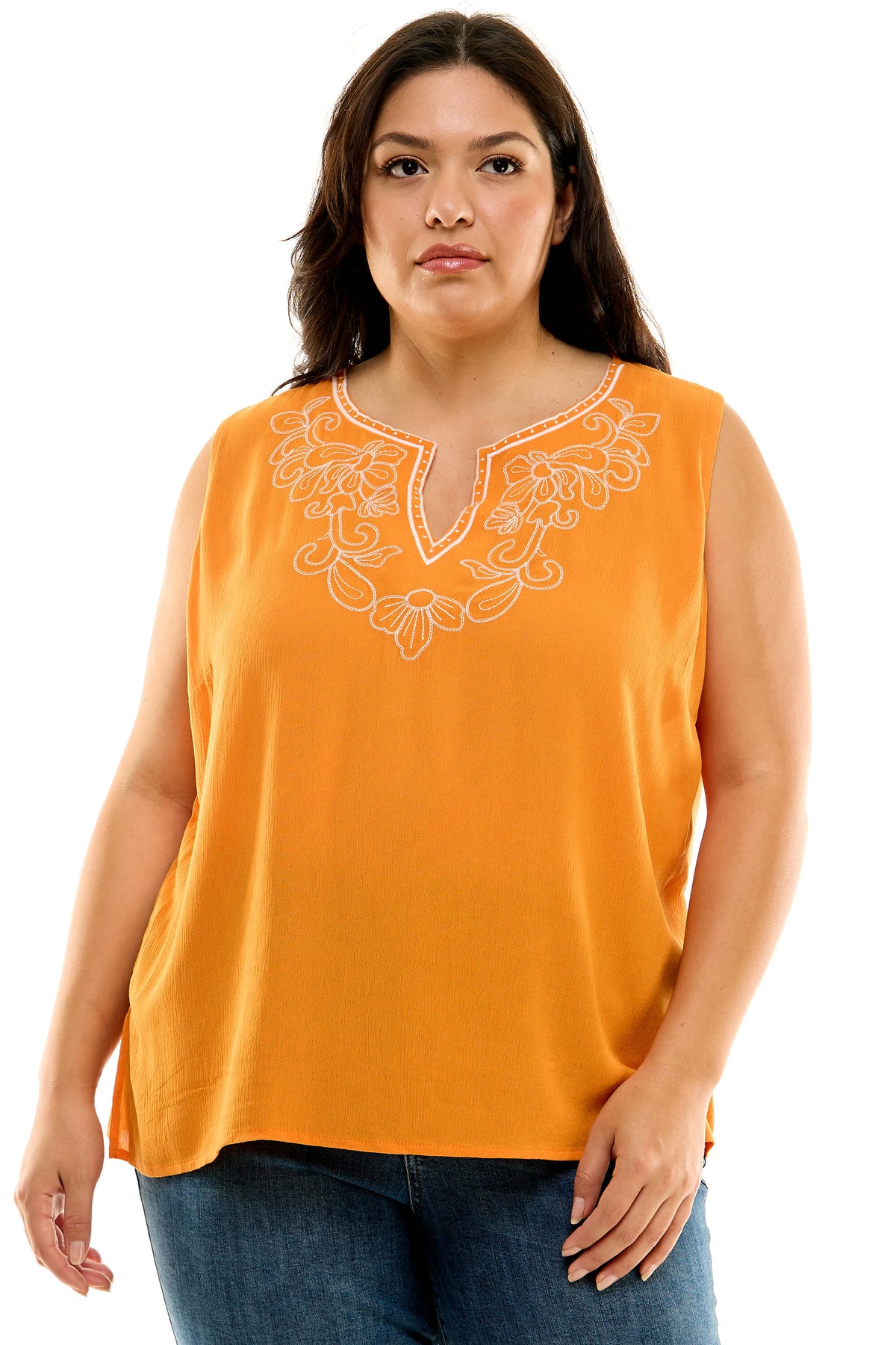 Dressbarn Trending | Sleeveless Embroidered Yoke Split Neck Blouse in Orange - Plus