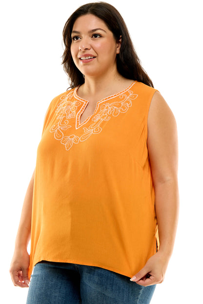 Dressbarn Trending | Sleeveless Embroidered Yoke Split Neck Blouse in Orange - Plus
