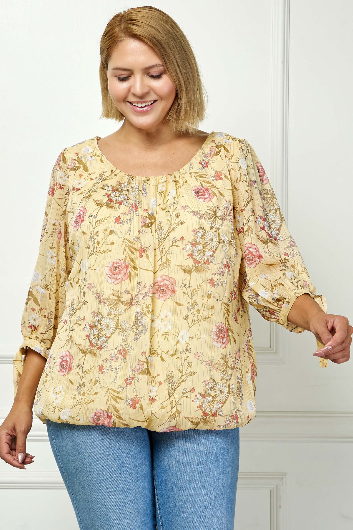 Dressbarn Recommended | 3/4 Tie Sleeve Pleat Neck Studded Bubble Blouse in Yellow Floral - Plus