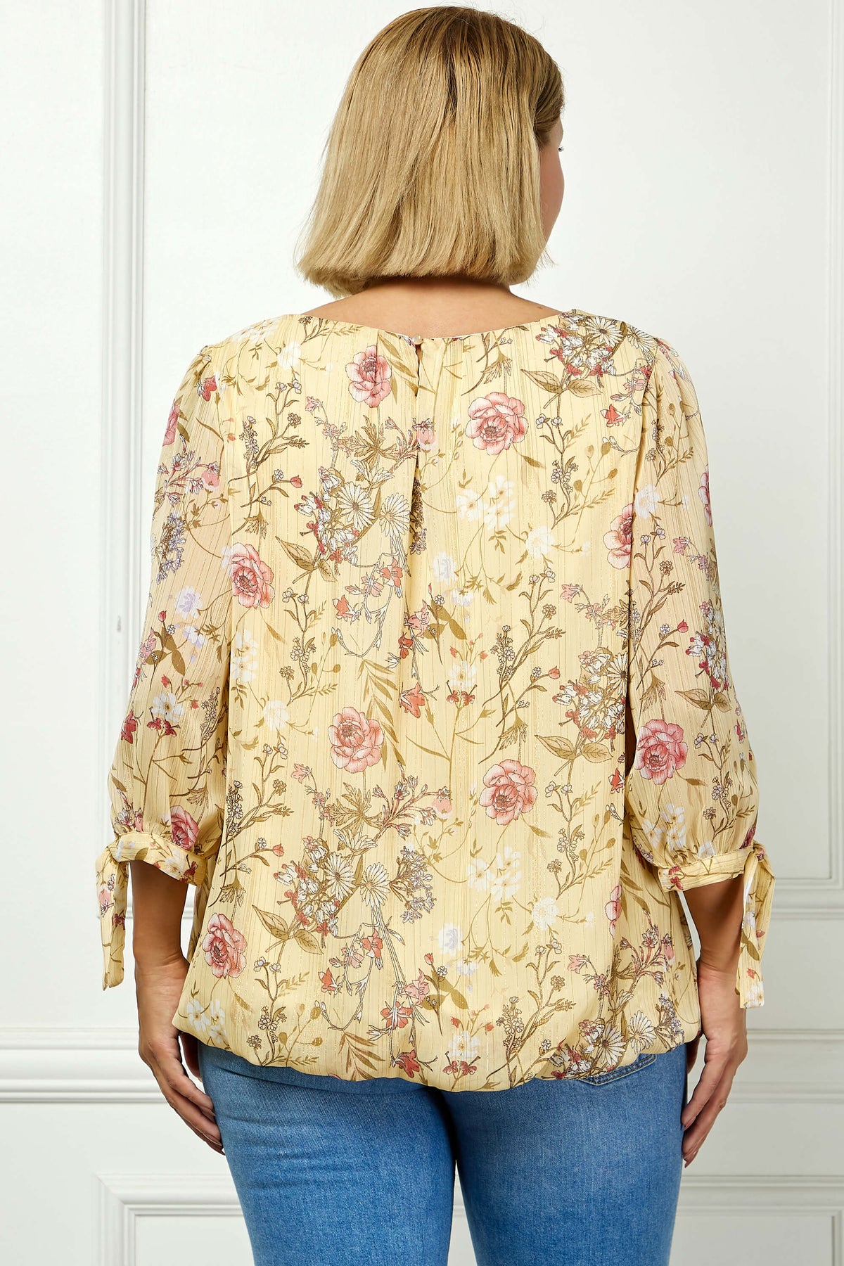 Dressbarn Recommended | 3/4 Tie Sleeve Pleat Neck Studded Bubble Blouse in Yellow Floral - Plus