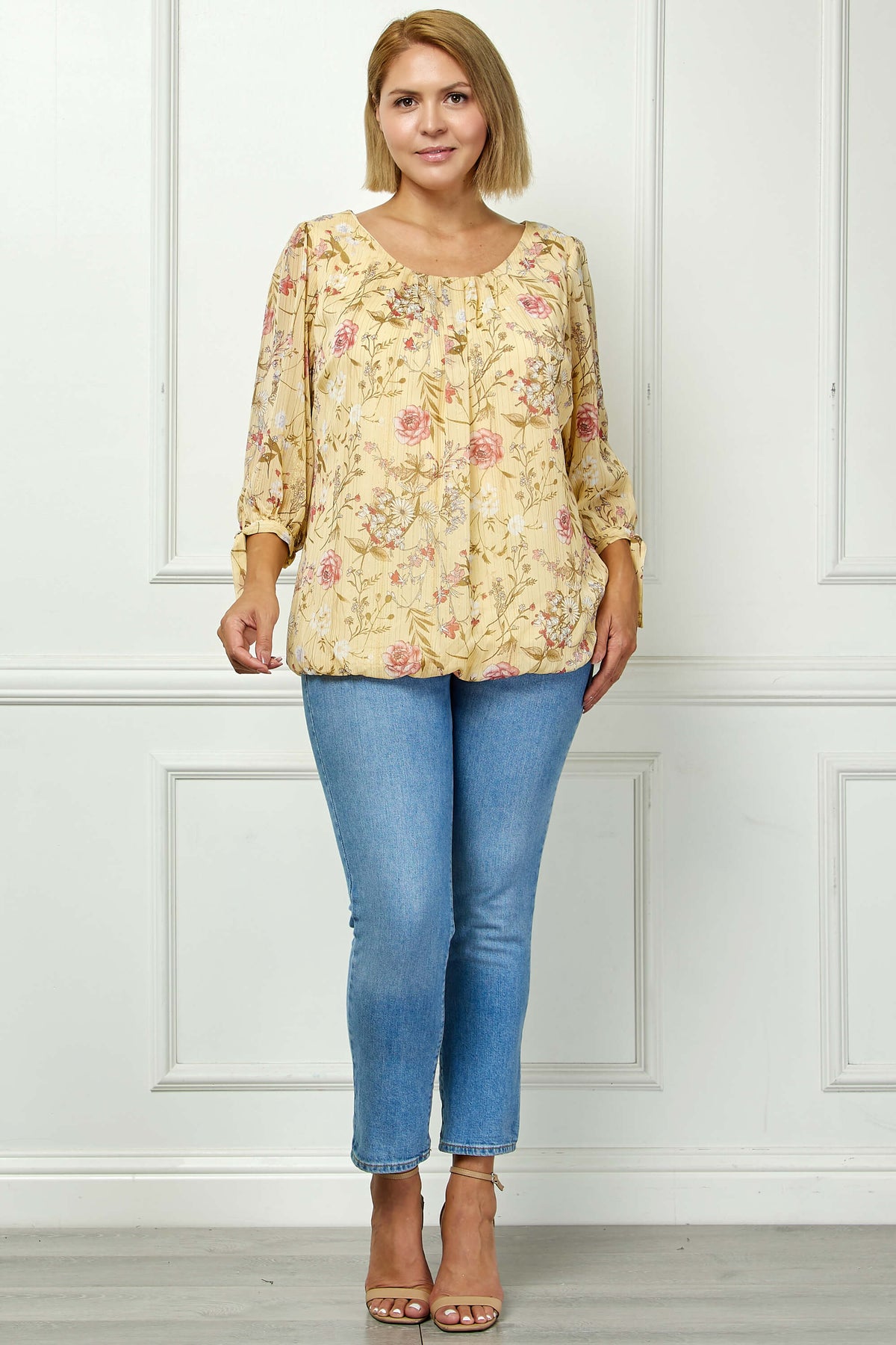 Dressbarn Recommended | 3/4 Tie Sleeve Pleat Neck Studded Bubble Blouse in Yellow Floral - Plus