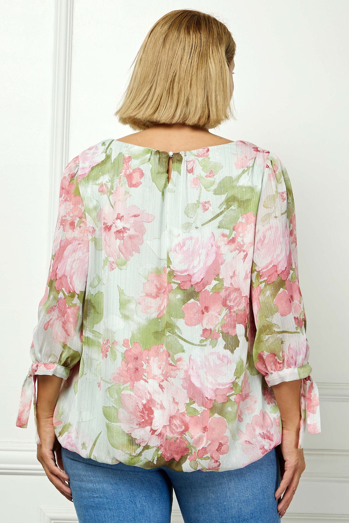 Dressbarn Premium | 3/4 Tie Sleeve Pleat Neck Studded Bubble Blouse in Sage Watercolor - Plus