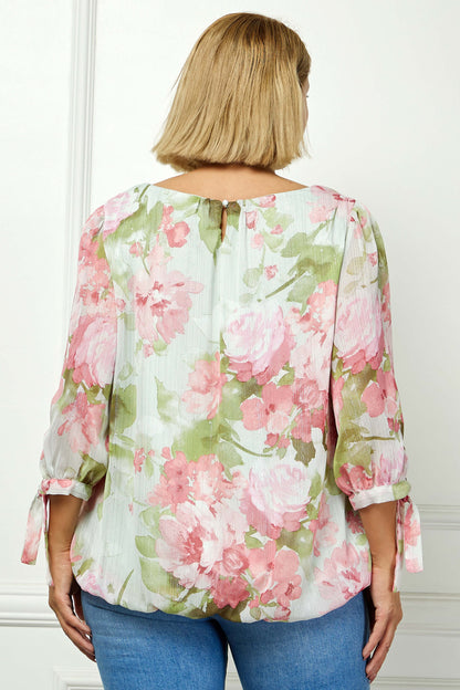 Dressbarn Premium | 3/4 Tie Sleeve Pleat Neck Studded Bubble Blouse in Sage Watercolor - Plus
