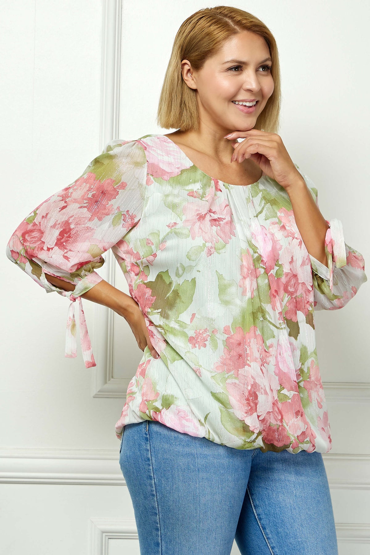 Dressbarn Premium | 3/4 Tie Sleeve Pleat Neck Studded Bubble Blouse in Sage Watercolor - Plus