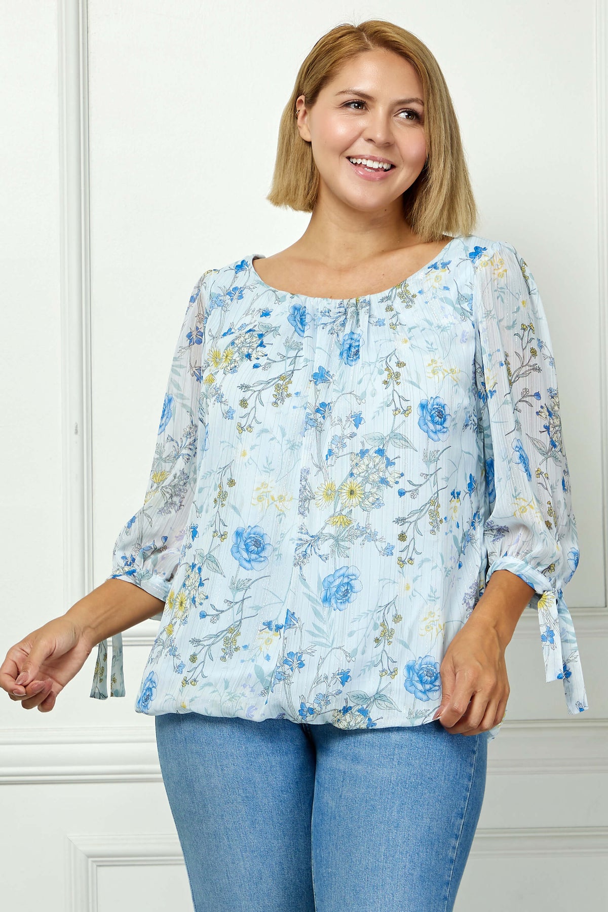 Dressbarn New | 3/4 Tie Sleeve Pleat Neck Studded Bubble Blouse in Light Blue Floral - Plus